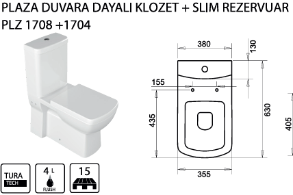 TURAVİT PLAZA DUVARA DAYALI KLOZET / SLİM REZERVUAR KOD: PLZ 1708+1704